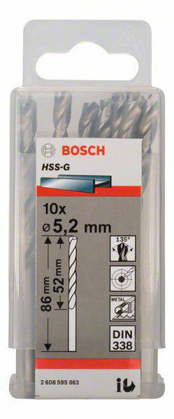 Sada vrtákov Bosch HSS-G, 10x, priemer 5,2 mm, dĺžka 86 mm, kov, uhol reznej hrany 135°, štandard DIN 338. Balenie je jasne viditeľné.