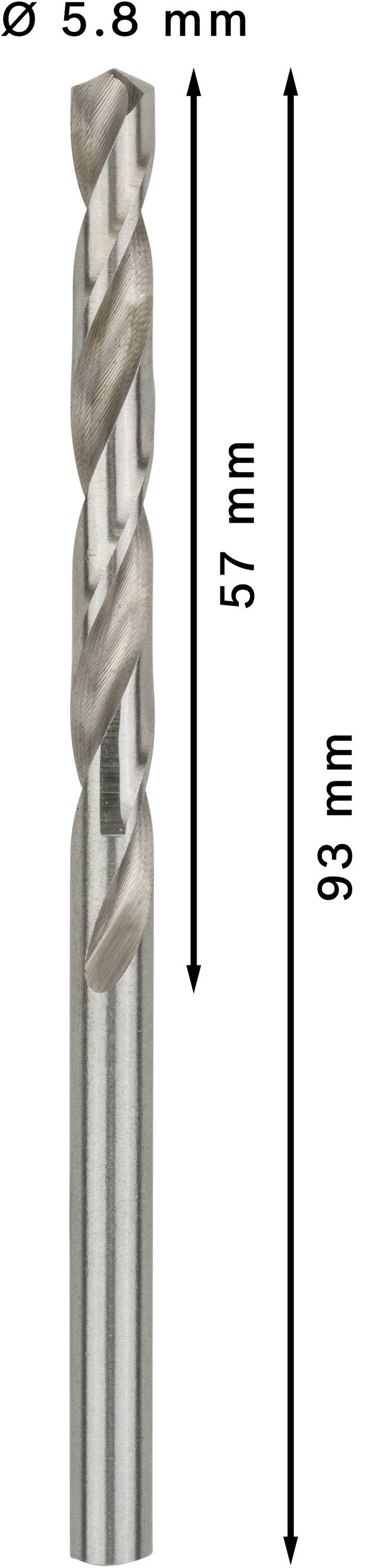Kovový vrták s priemerom 5,8 mm a celkovou dĺžkou 93 mm, z toho 57 mm použiteľná dĺžka.