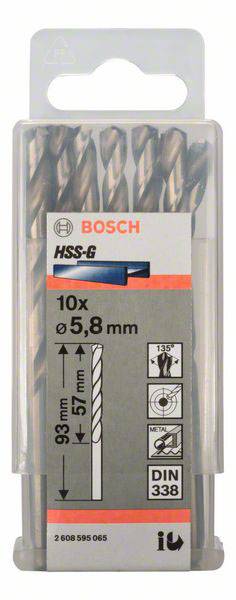 Balenie vrtákov Bosch HSS-G, 10 kusov, priemer 5,8 mm. Dĺžka: 93 mm. Vhodné pre kov. Norma DIN 338.