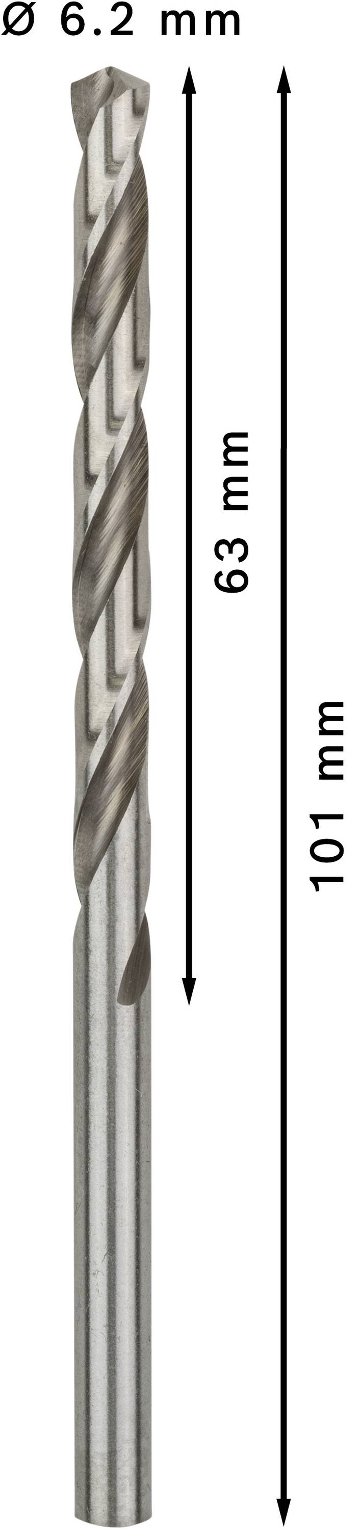 'Vrták, priemer 6,2 mm, dĺžka 101 mm, špirálová časť 63 mm dlhá', je zobrazený kolmo s rozmerovými údajmi.