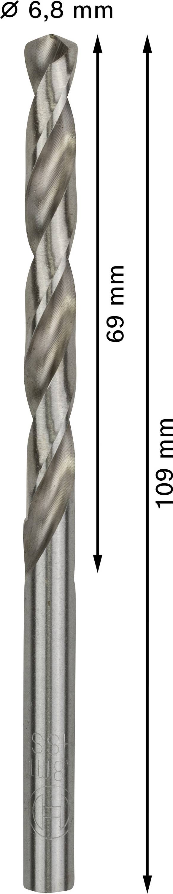 Kovový vrták s priemerom 6,8 mm a celkovou dĺžkou 109 mm. Rezná časť je dlhá 69 mm.