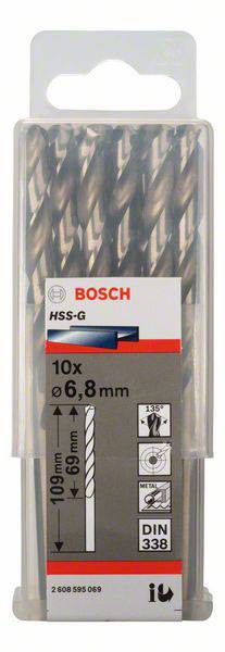 Sada vrtákov Bosch HSS-G do kovu, 10 kusov, priemer 6,8 mm. Ideálne pre presné vŕtanie do kovu. Balenie s podrobnými informáciami o výrobku.