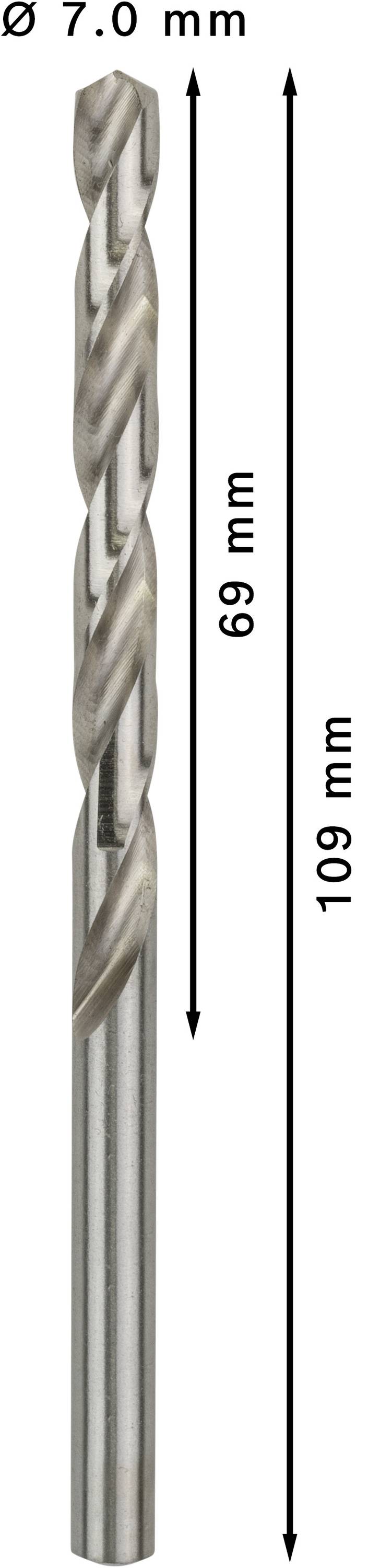 Vrták s priemerom 7 mm; celková dĺžka 109 mm, pracovná dĺžka 69 mm.