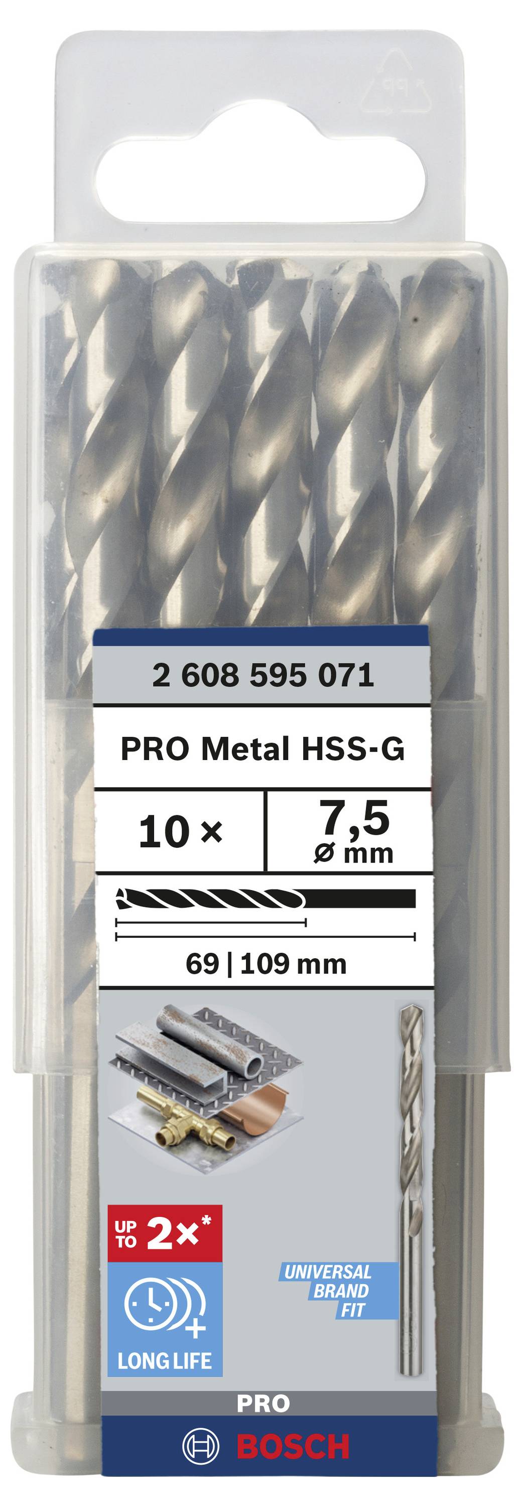 Sada vrtákov 'PRO Metal HSS-G' od Bosch, 10 kusov, priemer 7,5 mm, zobrazená v priehľadnom balení.