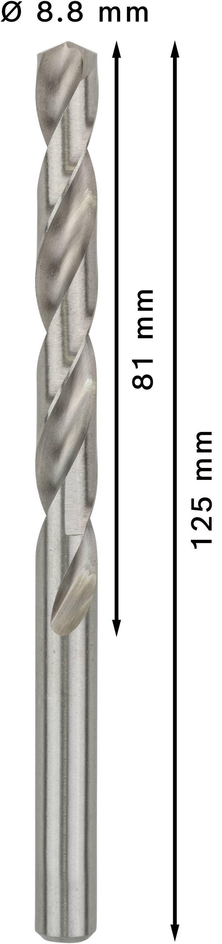 Vrták s priemerom 8,8 mm, celková dĺžka 125 mm a dĺžka reznej časti 81 mm.