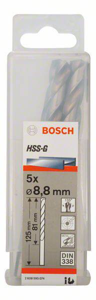 Balenie piatich HSS-G vrtákov značky Bosch, priemer 8,8 mm, dĺžka 125 mm. Vhodné na vŕtanie do kovu.