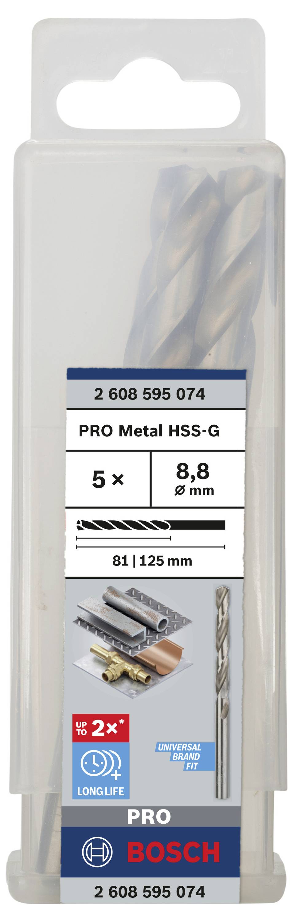 Balenie s kovovými vrtákmi Bosch, 5 kusov, veľkosť 8,8 mm, kvalita HSS-G. Informácie o produkte a obrázky použitia.