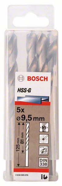 Sada vrtákov značky Bosch s 5 špirálovými vrtákmi, priemer 9,5 mm, dĺžka 125 mm, vhodné pre kov, model HSS-G.