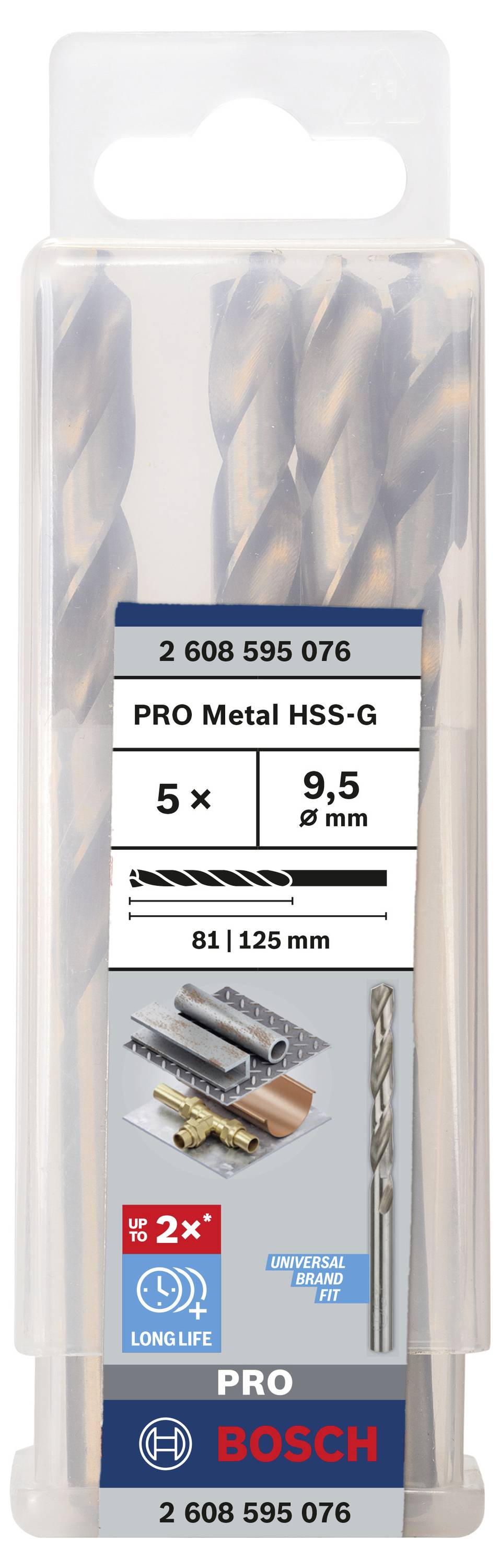 Balenie s piatimi Bosch PRO Metal HSS-G vrtákmi, veľkosť 9,5 mm, s obrázkami aplikácií na kovových povrchoch.