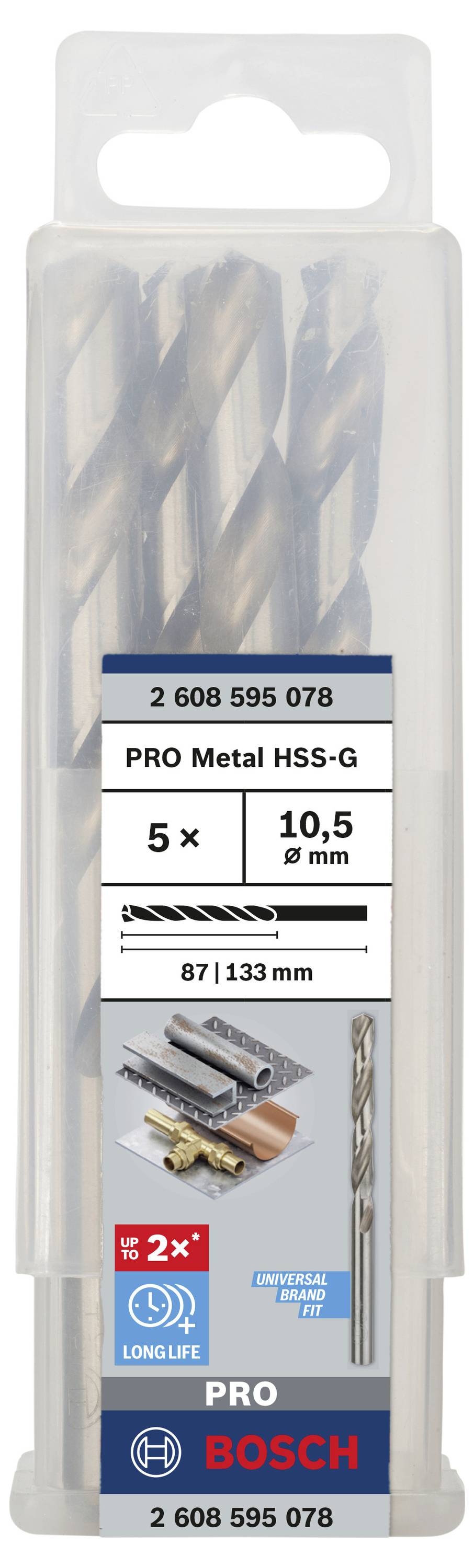 Balenie s 5 Bosch PRO Metal HSS-G špirálových vrtákov, priemer 10,5 mm, dĺžka 87 mm. Potlač: '2 608 595 078'.