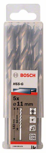 Sada vrtákov Bosch, model HSS-G, s 5 vrtákmi, priemer: 11 mm. Balenie s sivým dizajnom a červenými akcentmi.