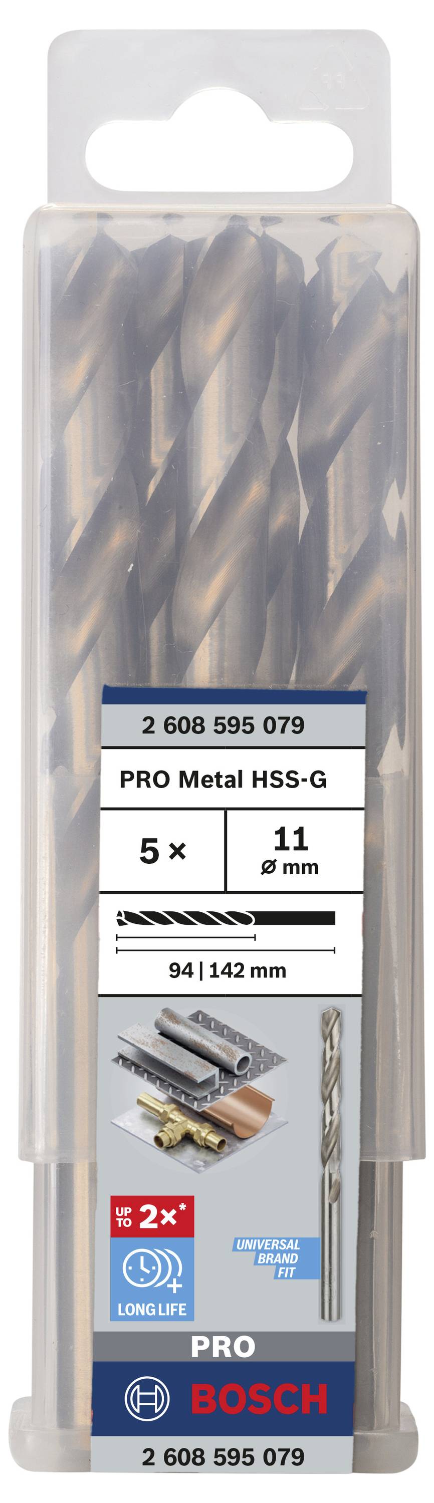 Sada vrtákov 'PRO Metal HSS-G' značky Bosch, obsahuje päť kovových vrtákov s priemerom 8 mm, dĺžka 94/142 mm.