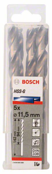 Sada vrtákov Bosch HSS-G, 5 kusov, priemer 11,5 mm, dĺžka 142 mm, štandard DIN 338