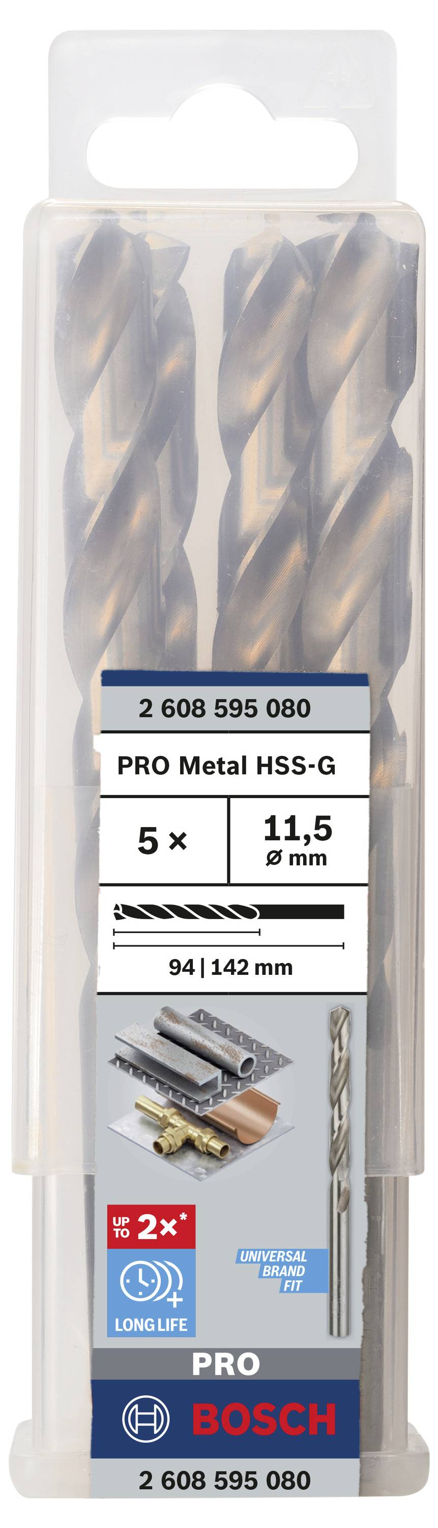 Tri kovové vrtáky, PRO Metal HSS-G, priemer 11,5 mm, pracovná dĺžka 94 mm, celková dĺžka 142 mm, Bosch.