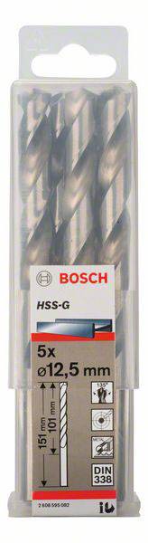 Päť vrtákov Bosch HSS-G do kovu v plastovom obale, priemer vrtáka 12,5 mm. Vhodné pre obrábanie kovu.
