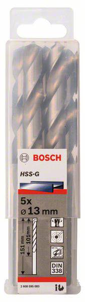 Balenie s 5 HSS-G kovovými vrtákmi Bosch, Ø13 mm. Vhodné pre opracovanie kovu, zodpovedajúce norme DIN 338.