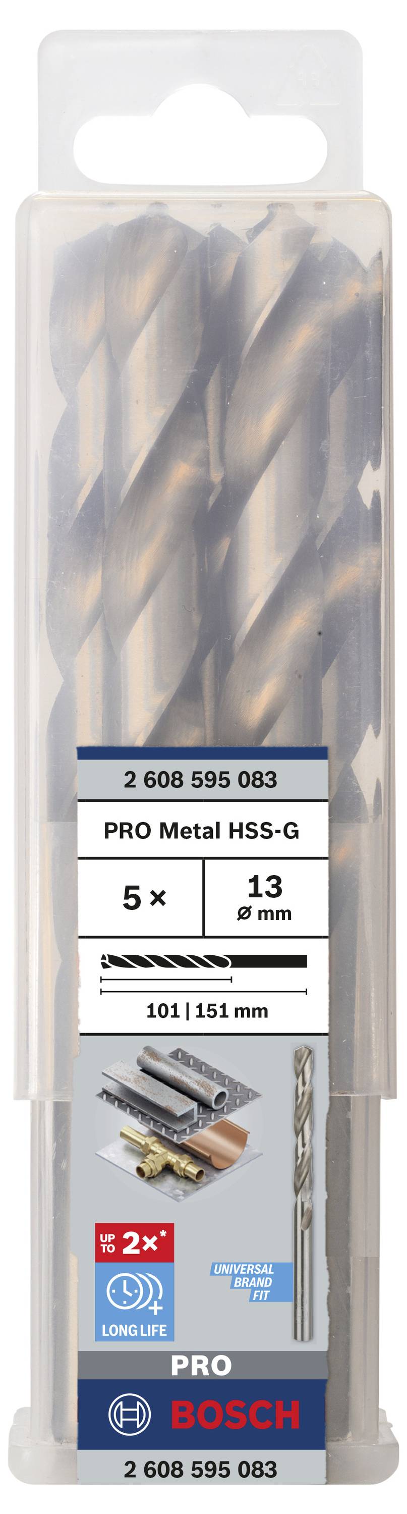 Sada piatich Bosch PRO Metal HSS-G vrtákov, veľkosť 13 mm. Balenie s pokynmi pre dlhovekosť a výkon.