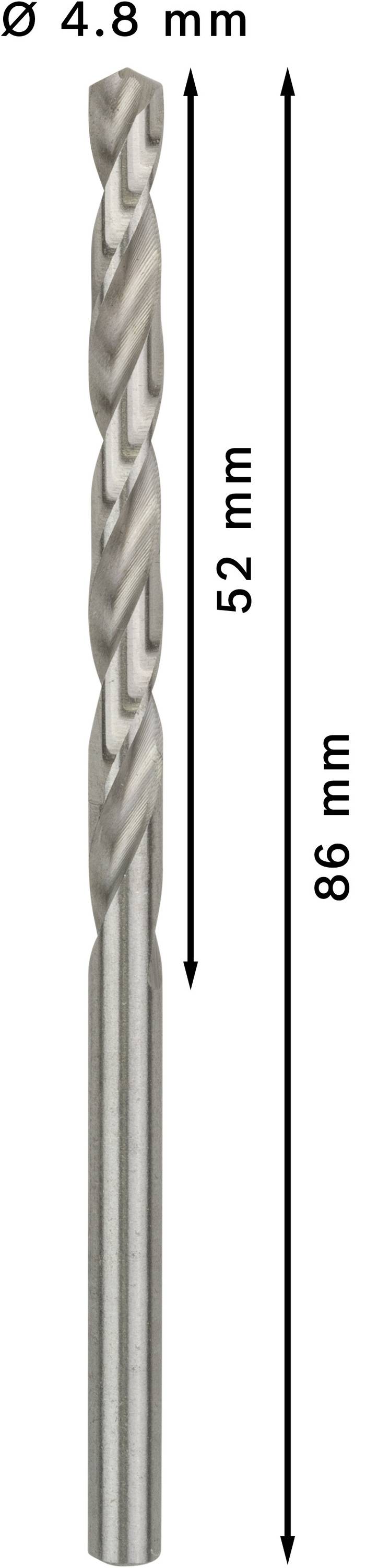 Vrták s priemerom 4,8 mm, celkovou dĺžkou 86 mm a dĺžkou špirály 52 mm.
