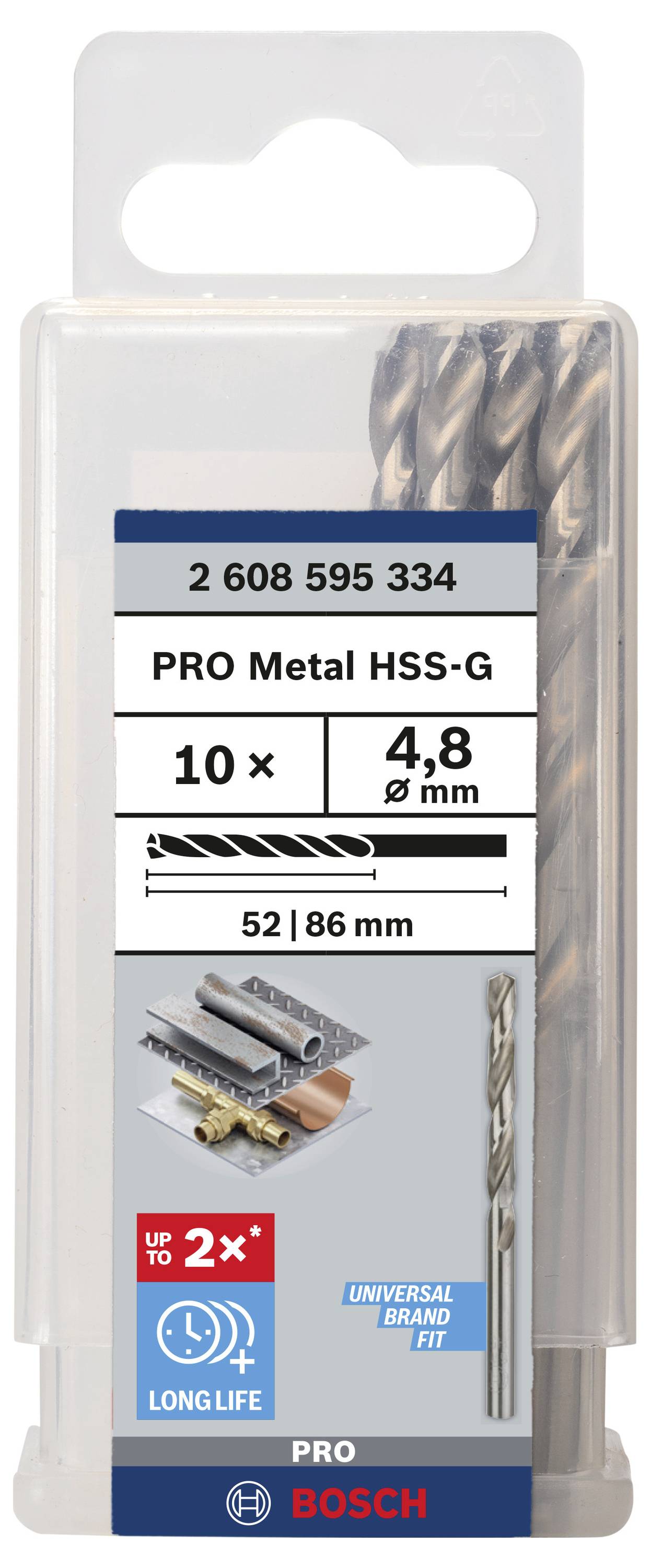 Sada vrtákov Bosch s 10 kovovými vrtákmi, priemer 4,8 mm, dĺžka 52/86 mm. Univerzálne použiteľné pre dlhotrvajúce vŕtanie.