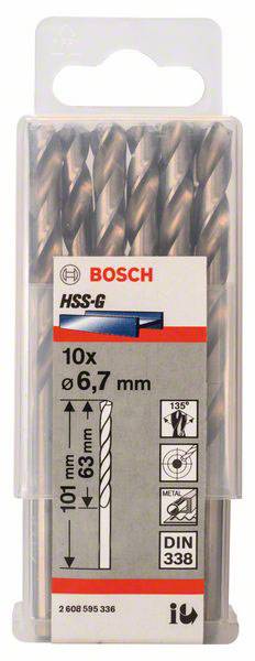 Balenie obsahuje 10 vrtákov Bosch HSS-G, veľkosť 6,7 mm, dĺžka 101 mm. Obsahuje symboly a špecifikácie pre použitie a kompatibilitu materiálov.