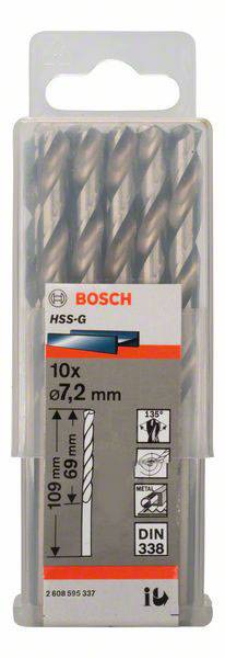 Balenie obsahuje 10 vrtákov HSS-G od Bosch, priemer 7,2 mm, dĺžka 109 mm. Vhodné pre vŕtanie do kovu podľa normy DIN 338.
