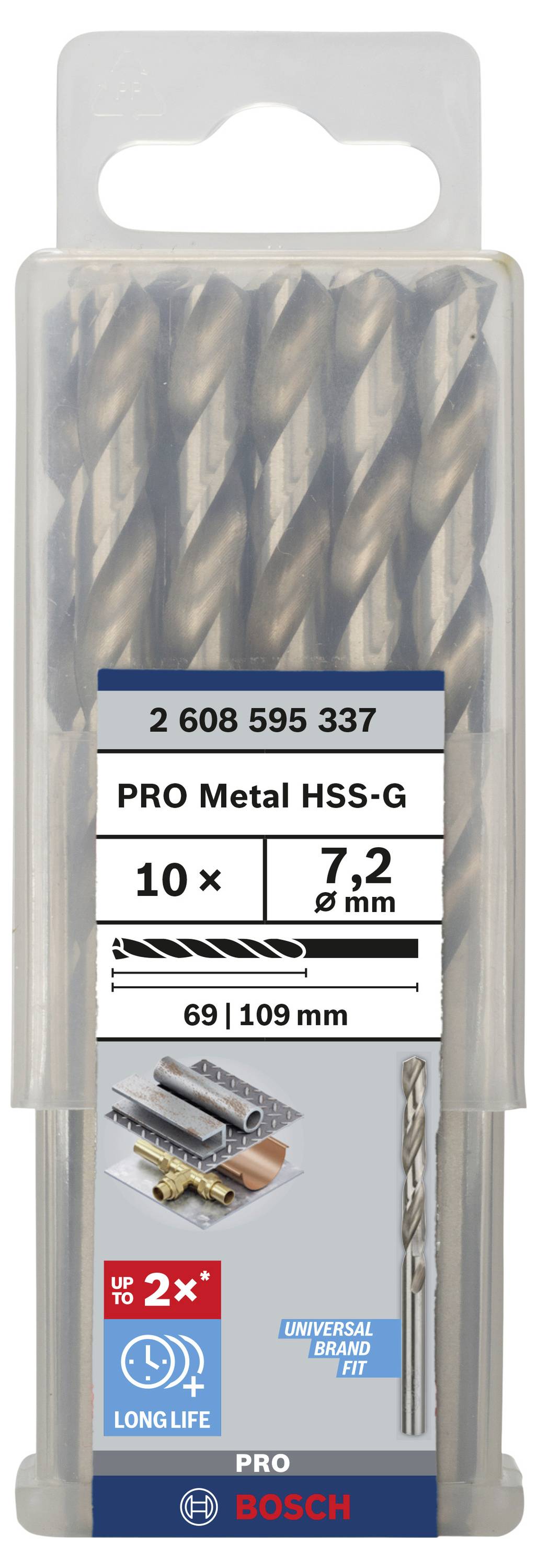 Sada vrtákov Bosch pre prácu s kovom; obsahuje 10 HSS-G kovových vrtákov (priemer 7,2 mm, dĺžka 69/109 mm).