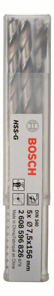 Sada vrtákov Bosch, 5 kusov, rozmery: 5 mm / 7,5 mm / 56 mm, vhodná pre vŕtanie do kovu. Balenie zobrazuje značku a informácie o produkte.