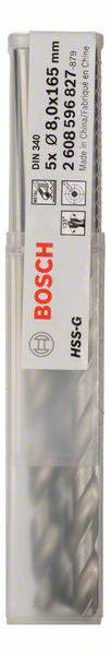 Súprava kovových vrtákov 'Bosch' v plastovom boxe so štyrmi vrtákmi, DIN 340, 5 x 0,8/0,65 mm, HSS-G, vhodná pre kovy.