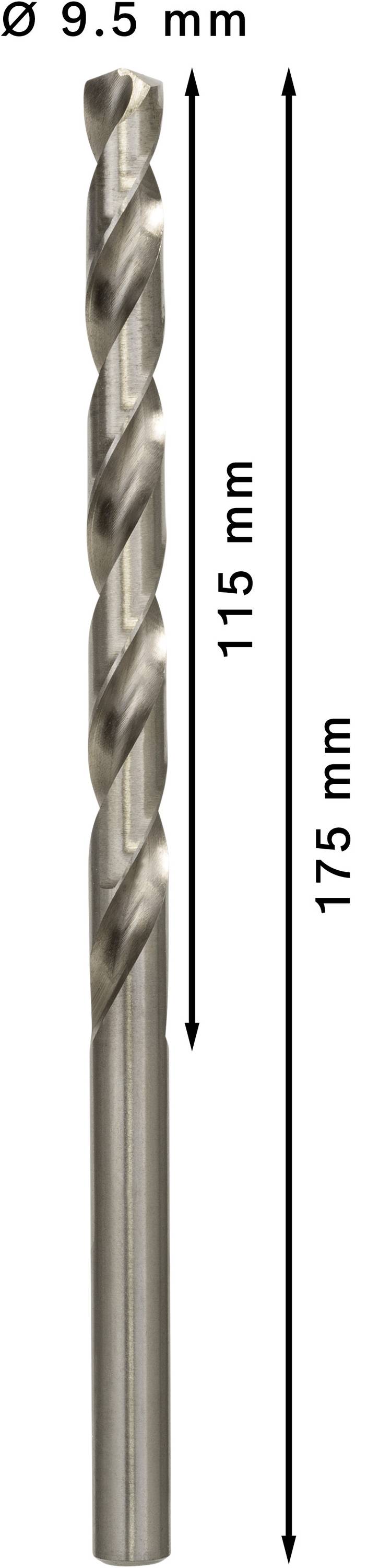 Kovový vrták s priemerom 9,5 mm, dĺžkou špirály 115 mm a celkovou dĺžkou 175 mm.