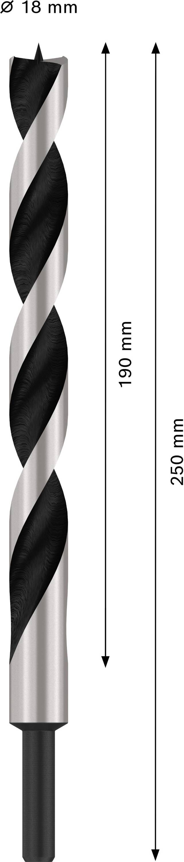 Obrázok vrtáka: Celková dĺžka 250 mm, rezná časť 169 mm. Priemer 18 mm. Šípky ukazujú meranie dĺžok.