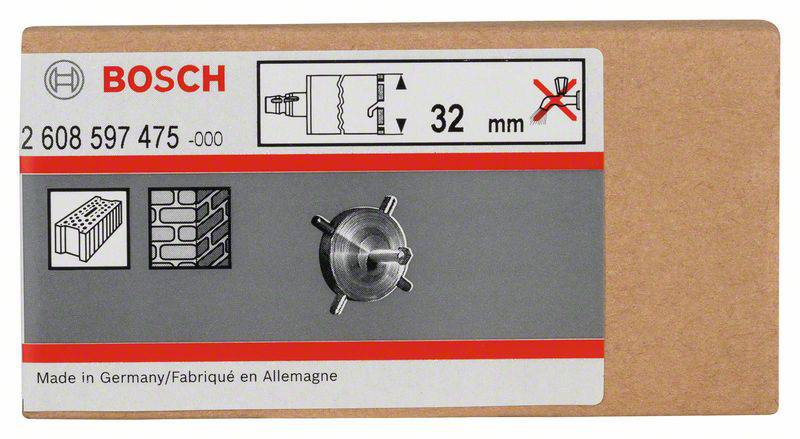 Vŕtacia píla Bosch 32 mm, vhodná pre tehly a murivo. Na obale je nástroj označený nesprávnym symbolom pre oceľ.
