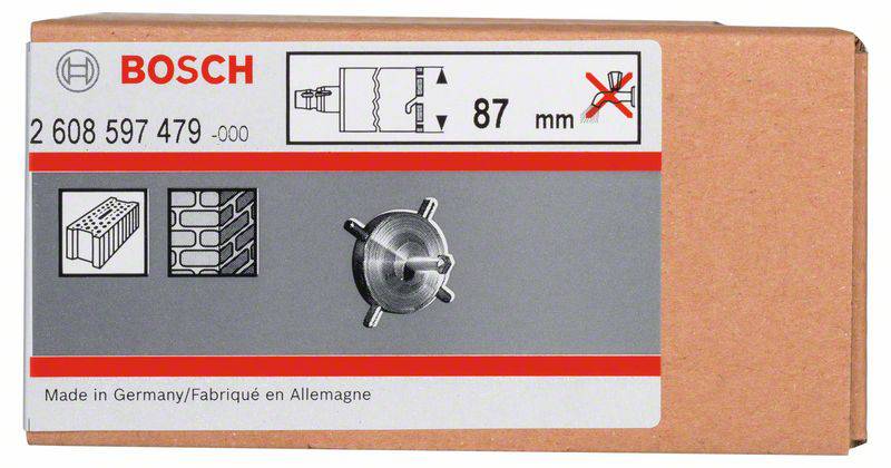 Kartónový obal s logom Bosch, zobrazujúci vrtáciu korunu s priemerom 87 mm. Vhodné pre vŕtanie tehál a kameňa, vyrobené v Nemecku.