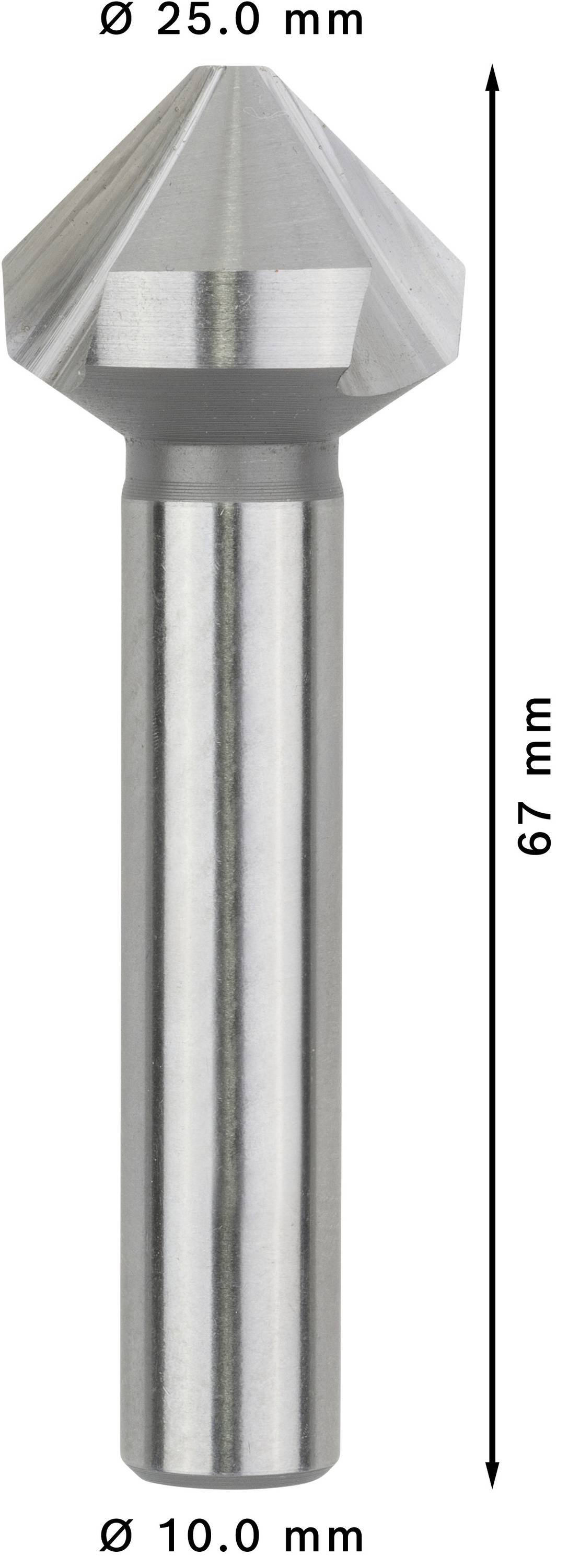 Obrázky nástroja na zahĺbenie kužeľových otvorov. Celková dĺžka 67 mm. Hlava má priemer 25,0 mm, stopka 10,0 mm.