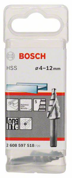 Vrtáky Bosch HSS so stupňovitým dizajnom, vhodné pre priemery od 4 do 12 mm. Označené štítkom 'dlhá životnosť' a symbolom pre opracovanie nehrdzavejúcej ocele. Obal obsahuje obrázok produktu.