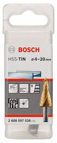 Balenie Bosch HSS-TiN stupňovitého kužeľového záhlbníka, Ø4-20 mm, vhodného pre kov a nehrdzavejúcu oceľ, v priehľadnej plastovej krabičke.