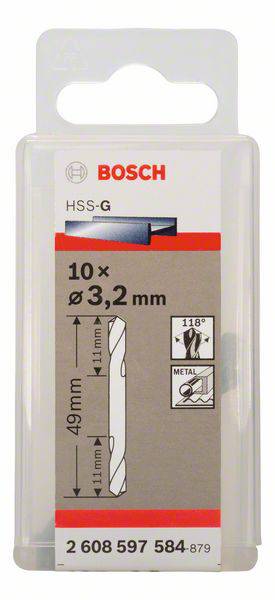 Balenie pre Bosch HSS-G kovový vrták, veľkosť 3,2 mm, 10 kusov, dĺžka 49 mm. Vhodný na vŕtanie do kovových materiálov.