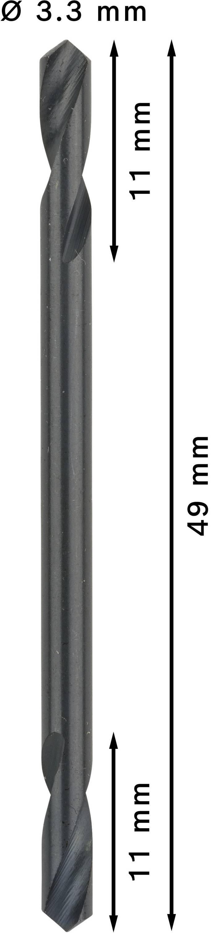 Vrták s priemerom 3,3 mm. Celková dĺžka 49 mm, s 11 mm reznou hranou na oboch koncoch.