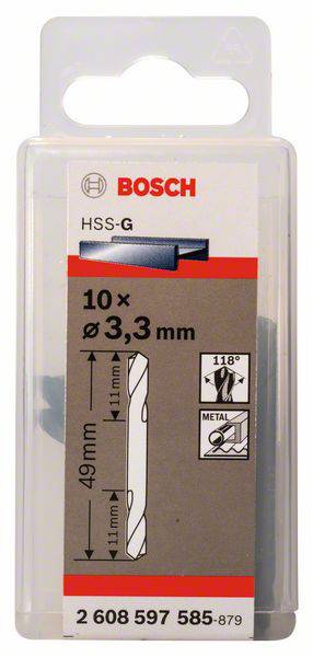 Sada vrtákov Bosch, obsahuje 10 kovových vrtákov s priemerom 3,3 mm a dĺžkou 49 mm, vhodná na vŕtanie do kovu, balenie znázorňuje obrázok vrtáka.