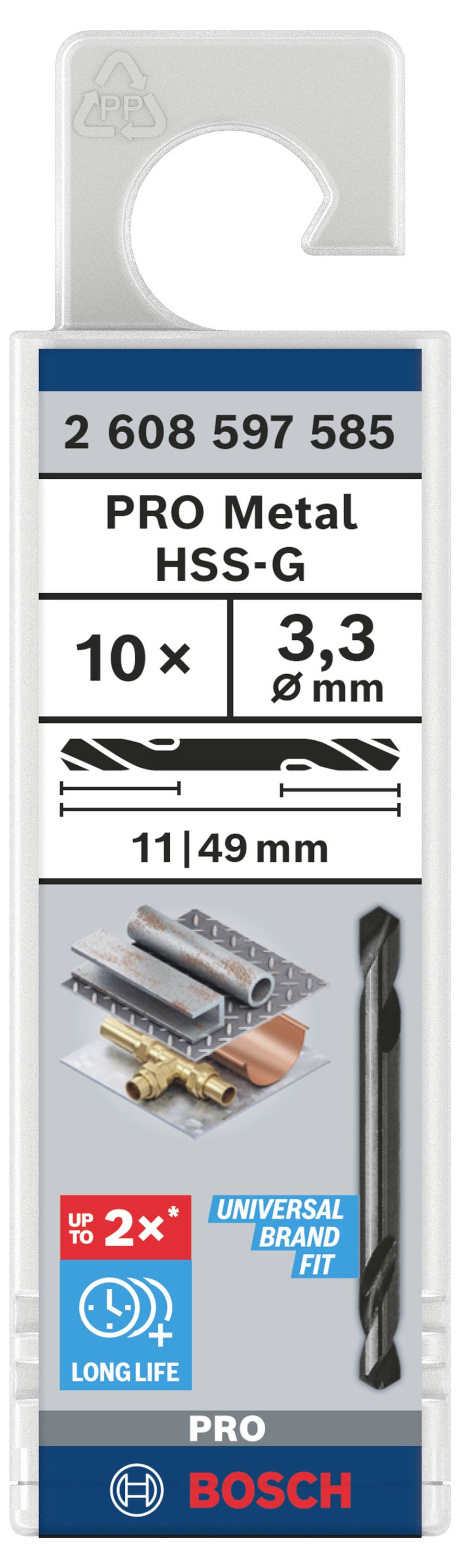 'Bosch PRO Metal HSS-G vrtáky', 10 kusov, priemer 3,3 mm, dĺžka 49 mm. Vhodné pre kov, s dlhou životnosťou.
