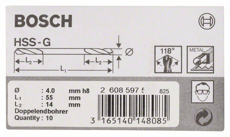 Štítok balenia Bosch HSS-G dvojitého vrtáka, priemer 4 mm, dĺžka 55 mm, určený pre obrábanie kovov. Obsahuje čiarový kód.