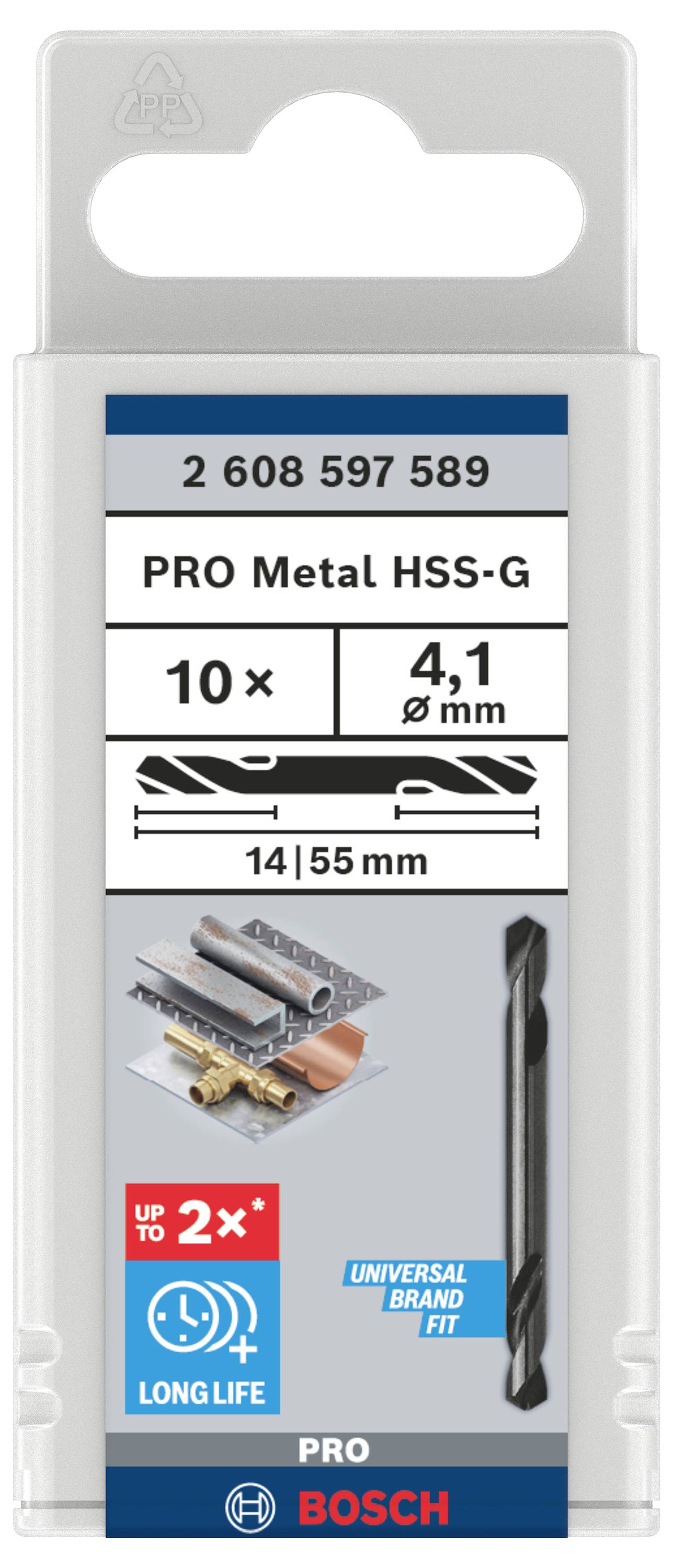 Sada vrtákov od Bosch, 10 HSS-G kovových vrtákov, priemer 4,1 mm, dĺžka 55 mm. Vhodné na práce s kovom, dlhotrvajúce.