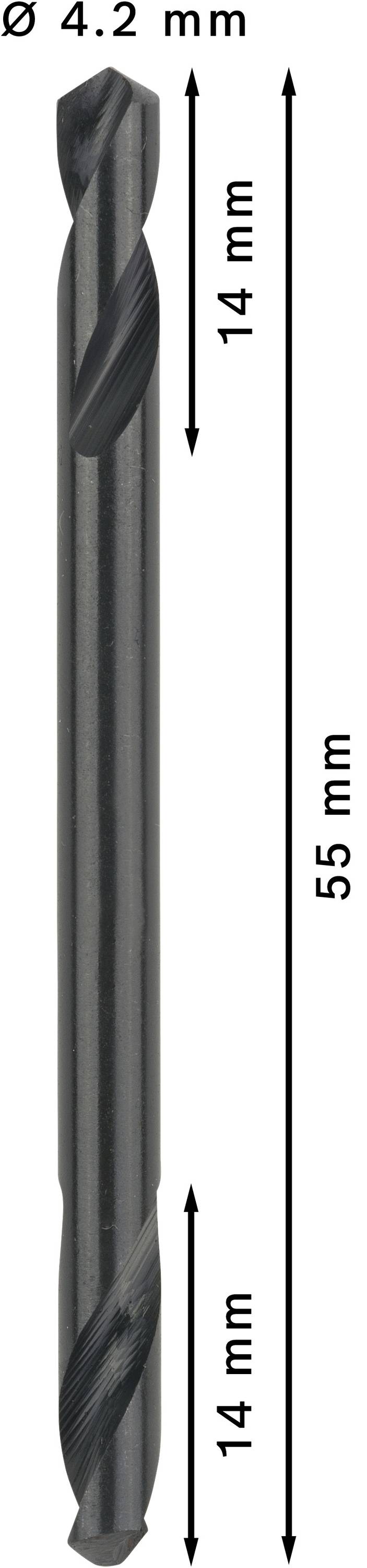 Vrták s priemerom 4,2 mm, celková dĺžka 55 mm, dve špirály po 14 mm hore a dole.
