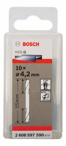 Balenie obsahuje 10 vrtákov Bosch HSS-G do kovu, priemer 4,2 mm, dĺžka 55 mm. Vhodné na obrábanie kovu, dĺžka stopky 45 mm, uhol špičky 118°.