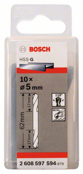 Sada vrtákov Bosch, HSS-G, 10 kusov, priemer 5 mm, dĺžka 62 mm. Vhodné pre kov, špička 118 stupňov. Číslo modelu: 2 608 597 594.