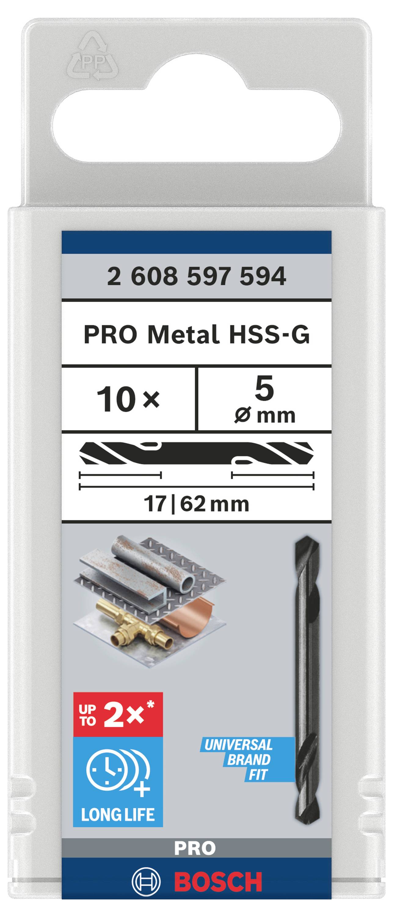 Sada vrtákov od Bosch, obsahuje 10 kovových vrtákov, priemer 5 mm. Zobrazené: vrtáky, príklady použitia, informácie o produkte.