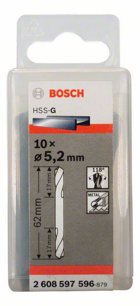 Balenie Bosch HSS-G vrtákov, sada 10 kusov, priemer 5,2 mm, dĺžka 62 mm, vhodné pre vŕtanie do kovu.