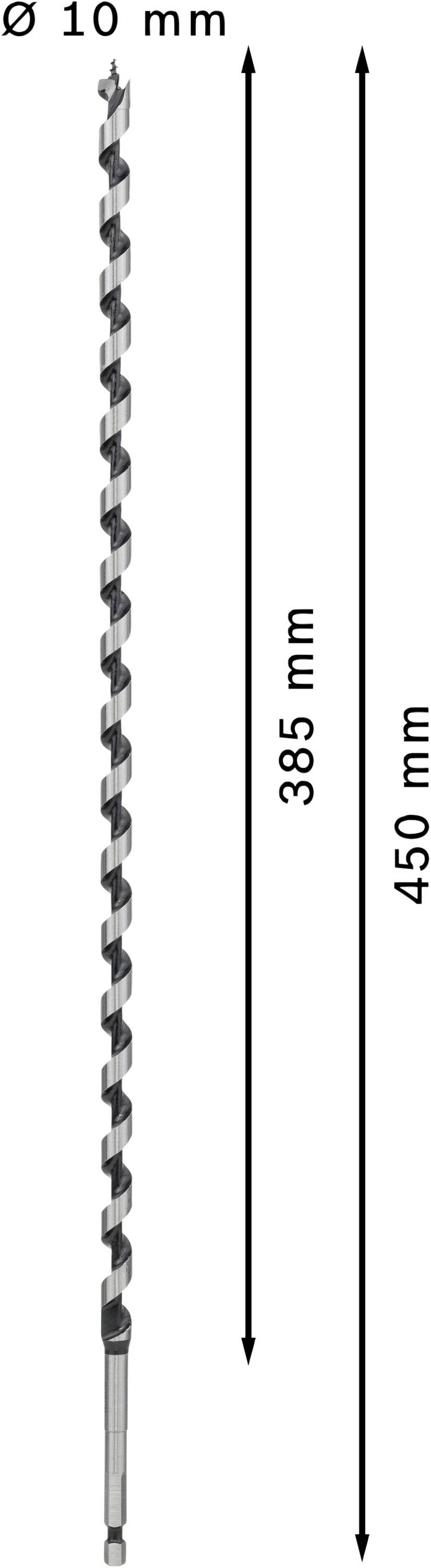 Vrták s dĺžkou 450 mm a priemerom 10 mm, hĺbka vŕtania 385 mm. Špirálový tvar pre efektívne vŕtanie.