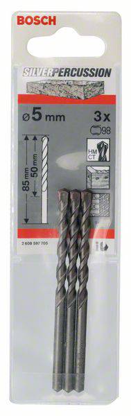 Bosch Silver Percussion vrták, 5 mm priemer, 3 kusy, vhodný pre betón. Balenie zobrazuje vrták s 85 mm pracovnou dĺžkou.