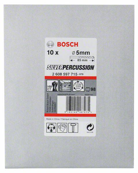 Balenie 10 ks vrtákov Bosch SilverPercussion, priemer 5 mm, séria 2 608 597 715-879, vyrobené v Číne.