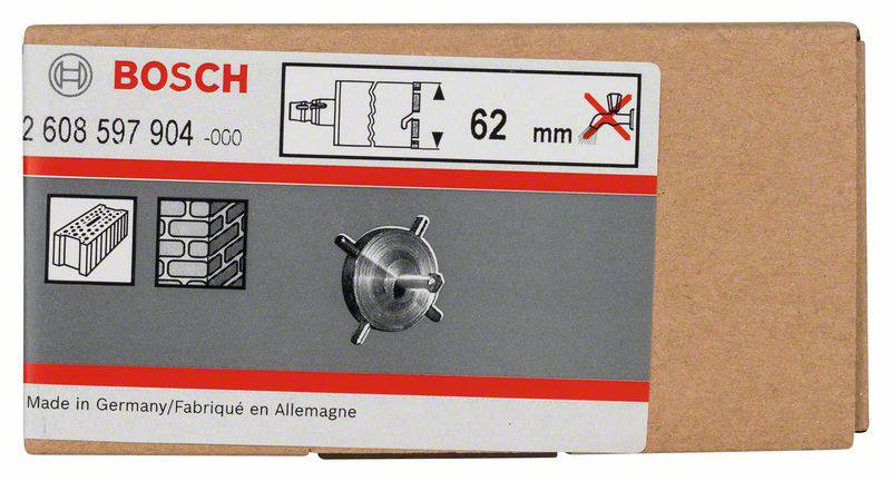Kartónový obal s logom Bosch, zobrazuje obrázky stennej vŕtacej korunky, vhodnej pre murivo a tehly. Priemer 62 mm.